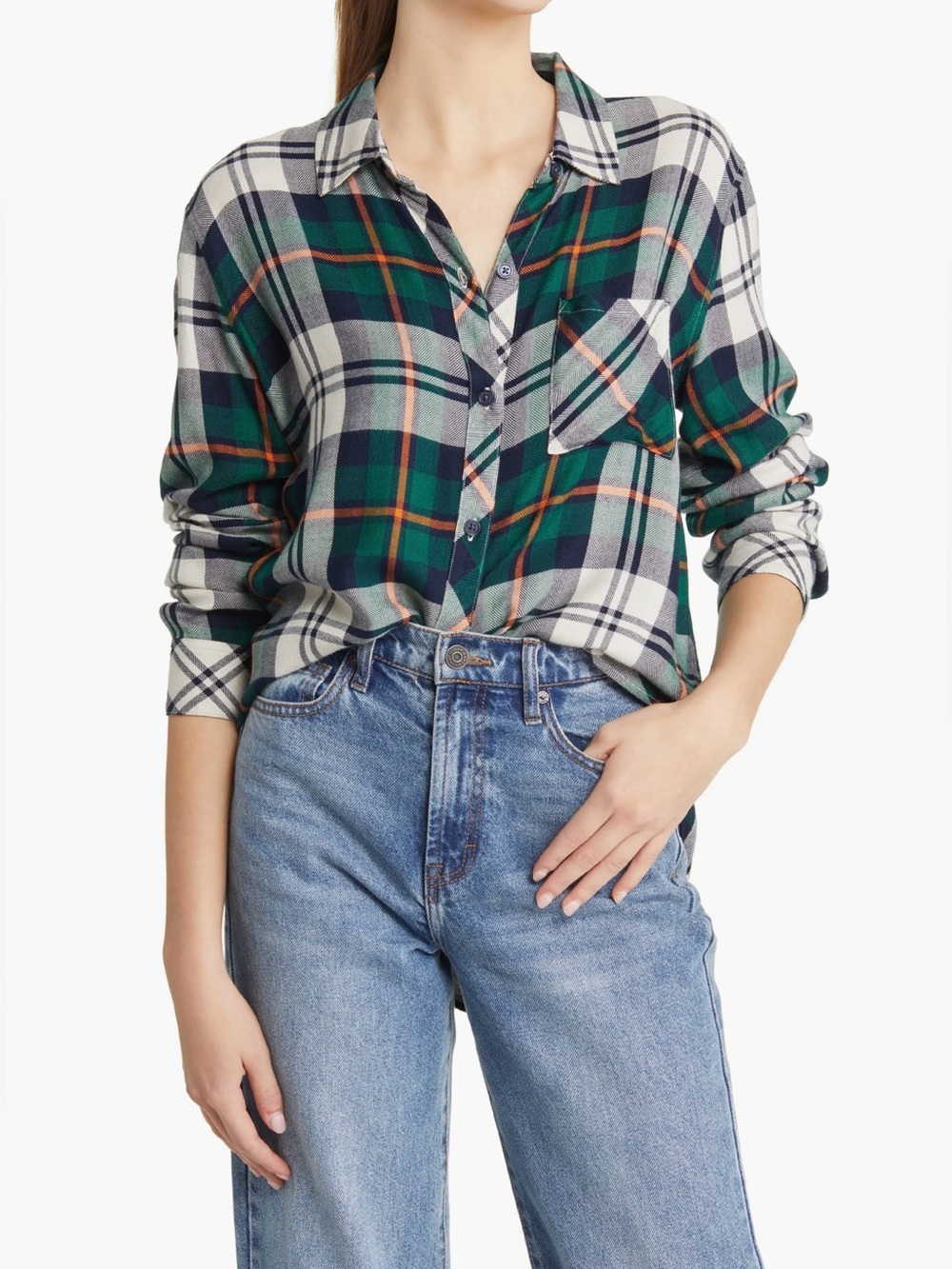 Rails Hunter Green Navy and Orange Plaid Button-Down Shirt - Size M NWT